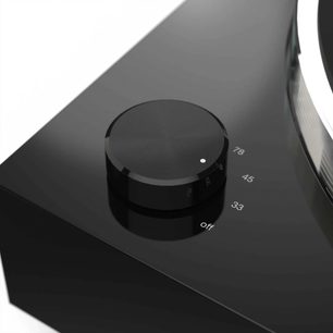 Reloop TURN X zwarte platenspeler, close-up bovenaanzicht van de platenspeler en de toonarm met afstelknop