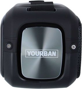Bluetooth-højttaler Yourban Getone 60 sort, set forfra, central metaloverflade, Yourban-logo, sølvskruer, sort rem