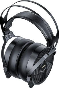 FiiO FT5 siyah açık kulak üstü kulaklık, çift kemerli metal yapı, yastıklı iç bant ve delikli dairesel kulaklık pedleri, yan eğik görünüm