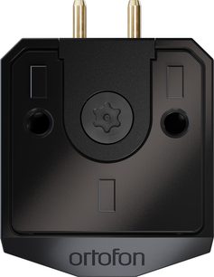 Black Ortofon MC Vertex hi-fi cartridge, front view, with two gold pins and Ortofon logo at the bottom