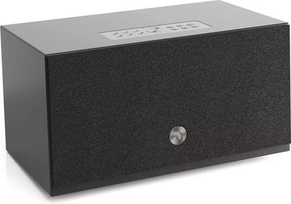 Audio Pro C10 MKII højttaler, sort, set forfra, rektangulær form, mørkegrå stofbeklædning, sølvfarvet drejeknap