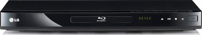 LG BD550 sort 4K Blu-ray-afspiller, frontvisning, blå LED-display, blank frontpanel, trykfølsomme knapper, diskskuffe