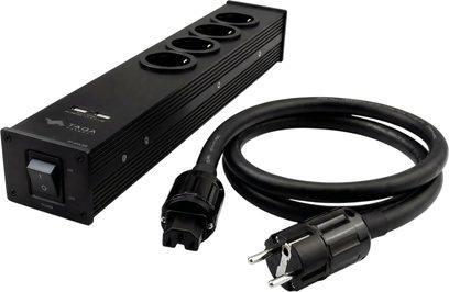 Sort Taga Harmony PF-400USB overspændingsbeskyttet stikdåse med 4 Schuko-udtag, 2 frontvendte USB-porte og aftageligt netkabel