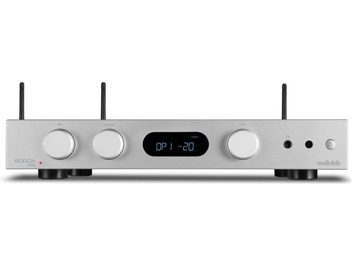 Audiolab 6000A Play hõbedane integreeritud stereo hi-fi võimendi ristkülikukujulise esipaneeli, 4 ümmarguse nupu, keskmise ekraani ja 2 antenniga