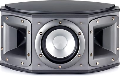 Grå hexagonal Klipsch Synergy S1-effekthøjttaler, sorte ringede højttalere, sidegittere