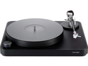 Giradischi hi-fi ClearAudio Pack Concept Signature Jubilee Black, vista dall'alto, piatto circolare nero, braccio di lettura a destra, pulsante di regolazione delle velocità in basso a sinistra