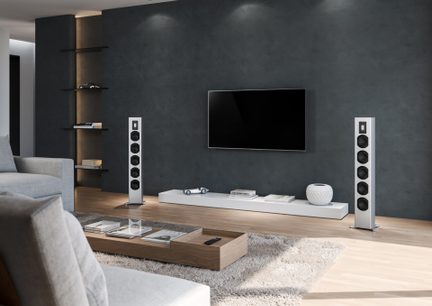 Moderne stue med grå væg, vægmonteret fjernsyn, 2 sølvfarvede gulvhøjttalere, træsofabord, grå sofa, sorte hylder