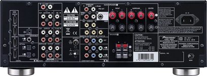 Pioneer VSX-819H hjemmebiografsforstærker, set forfra, mange stik og knapper, digitalt display, sort farve