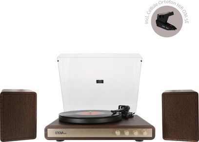 Giradischi hi-fi Enova HIFI VELA VP2 con chassis in legno, coperchio trasparente, braccio di lettura nero, 4 pulsanti frontali, 2 diffusori rettangolari con griglia in rete.