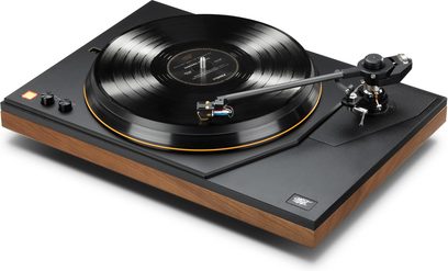 Platine vinyle Mofi Electronics MasterDeck noyer, plateau noir avec bras de lecture et socle en noyer