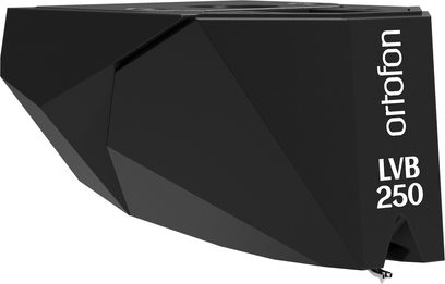 Cela Ortofon 2MR Black LVB 250 pro vinylové desky, pohled shora, matné černé tělo ve tvaru diamantu s bílým nápisem
