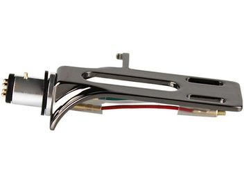 Enova HIFI PCHS 10 BL black tonearm headshell, top view, metal arm with red and white cables, black cartridge