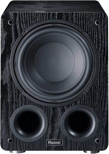 Subwoofer Alpha RS 8 sort, frontvisning, rektangulært kabinet med tekstur, centralt cirkulært højttalerelement, 2 runde basrefleksporte