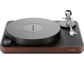 Platine vinyles hi-fi ClearAudio Pack Concept Jubilee bois foncé, vue de face, plateau noir, bras de lecture argenté, bouton de réglage des vitesses