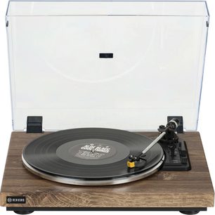 Hi-fi gramofon Rekkord Audio F300 dub, přenoska AT91, dubová povrchová úprava, pohled zepředu, otevřené víko, raménko s přenoskou