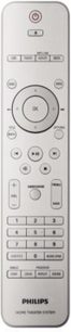 Philips HTS-8150 fjernbetjening, set forfra, multifunktionsknapper, LCD-skærm, lys og mørk grå finish