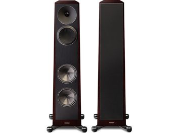 Paradigm Founder 80F floorstanding speakers in dark cherry wood, front with tweeters, woofers, and bass reflex port