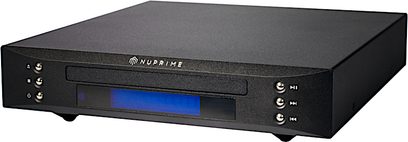 Nuprime CDT-9 CD-afspiller i sort, set forfra, sort front med blåt display, 3 knapper, Nuprime-logo