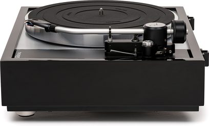 Hi-Fi-Plattenspieler Thorens TD 1600 mit TP160, Vorderansicht, schwarzes Gehäuse, runder Plattenteller, silberner Tonarm