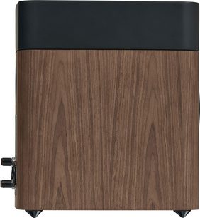 Knihovní reproduktor Elipson Legacy 3210 v ořechovém provedení, černý kryt a dřevěný přední panel, pohled zepředu