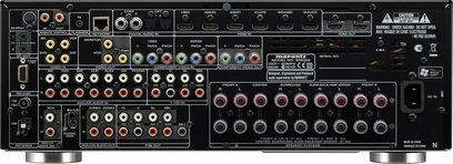 Marantz SR6006 silver gold hemmabioanläggning, bakre panel, ljud/video-anslutningar, uttag och portar, etiketter, text på engelska