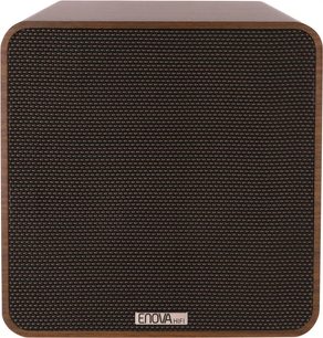 Enova HIFI Vela Sub 8A subwoofer, frontvisning, sort tekstureret gitter, afrundet træramme, metal-logo nederst