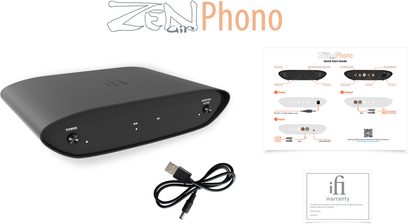 Předzesilovač gramofonu iFi Audio Zen Air Phono černý, pohled shora, přední strana, s konektory, tlačítky a schématem zapojení