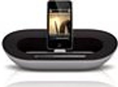 Philips DS3500 sort dokkerstation, set forfra, oval form, holder til smartphone i midten, højttalere i siderne
