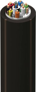HDMI-kabel Audioquest Root Beer 18 Gbps 25 m, frontvisning, svart sylindrisk seksjon, forsølvede kontakter, fargede trådspoler over