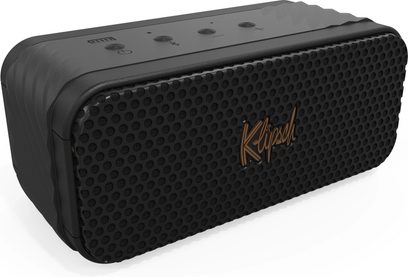 Портативна колонка Klipsch Nashville чорного кольору, вид спереду, перфорована решітка на всій поверхні, золотий логотип у правому нижньому куті