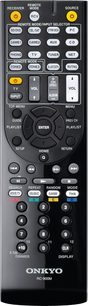 Sort Onkyo RC-900M fjernbetjening med flerfarvet knapper og LCD-skærm, set forfra