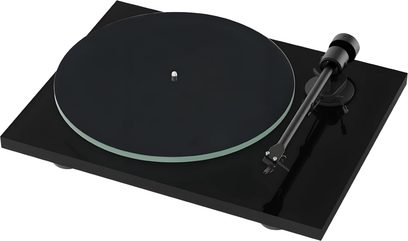 Pro-Ject T1 EVO BT hi-fi turntable with black circular platter, black tonearm angled to the right, black rectangular base