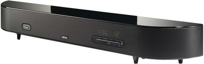 Sort kompakt Denon DHT-FS3 soundbar, front med gitter og knapper, set forfra