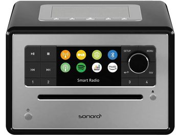 Sonoro Elite digital radio in glossy black and silver, rectangular housing, LCD screen, round silver buttons