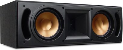 Sort Klipsch RF-82B højttaler, set forfra, to runde, forgyldte højttalere i et rektangulært, matsortkabinet