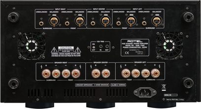 Rotel RMB-1585MKII multikanals effektforstærker sort, bagside, lydstik, ventilatorer, kontakter, terminaler