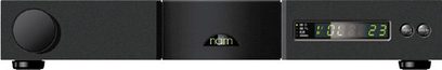 Mat sort frontpanel på en Naim Audio AV2 forstærker eller audio/video-processor, med knapper og grønt display