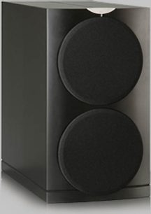 Waterfall Audio High Force 3 Ice Power melns zemfrekvenču skaļrunis, skats no priekšpuses, divi apaļi skaļruņi viens virs otra