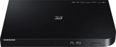 Samsung BD-H6500 sort Blu-ray-afspiller, set forfra, "Blu-ray 3D"-logo øverst, "PLAY"-display foran
