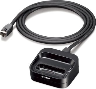 Sort Yamaha YDS-12 kabel og dockingstation til iPod, set ovenfra og forfra