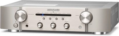 Marantz PM6007 gümüş altın hi-fi stereo amplifikatör, önden görünüm, gümüş ön panelde düğmeler ve girişler, 2 adet gümüş ayar düğmesi