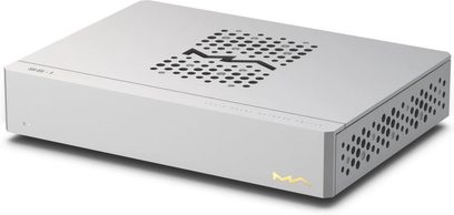 Switch‑splitter Matrix Audio SS‑1 en aluminium argent mat, vue trois‑quarts avant droite, dessus ventilé par trous circulaires formant motif zigzag, flanc latéral perforé, témoin LED frontal gauche et logo MA doré en façade droite