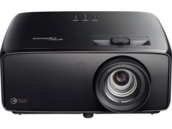 Optoma UHZ58LV fekete műanyag vetítő, elölnézet, texturált előlap, objektív jobb oldalon, gombok és tekerőgomb