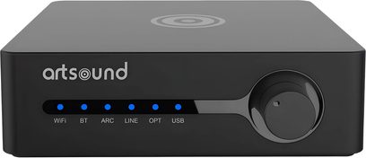 Черен мрежов аудиоплейър ArtSound Smart Stream 2 със сини индикатори и въртящ се бутон на предния панел