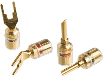 Four Supra CombiCon Set banana plugs and spade connectors in gold-plated brass, with cylindrical tips and slotted spades, front view on white background