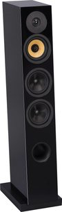 Gulvhøjttaler Davis Acoustics Courbet nr. 5 mat sort, set i perspektiv, front med 4 cirkulære højttalerenheder og bass-reflex port