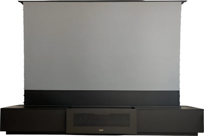 Ultra short-throw projektormøbel Oray serie 2 120" sort med stor indbygget grå skærm, set forfra