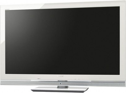 Sony KDL-40WE5W TV, sort, rektangulær fladskærm slukket, set forfra og centreret, placeret på en hvid holder