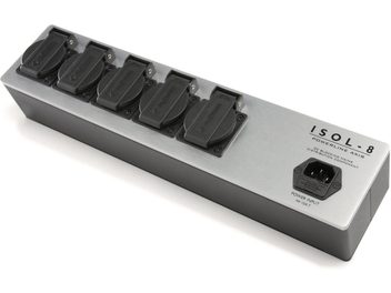 Multiprise Isol-8 PowerLine Axis 6 priz, gri dikdörtgen metal kasa, siyah anahtar, üstten görünüm