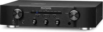 Amplificator hi-fi stereo Marantz PM6006 negru, față frontală cu butoane, rotițe și mufe, vedere frontală